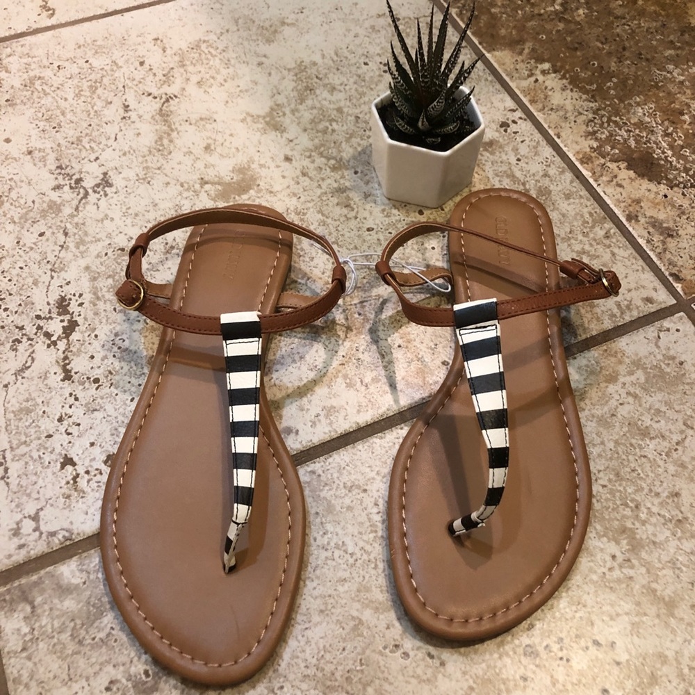 Cognac and Black & White Striped Sandals - NWT